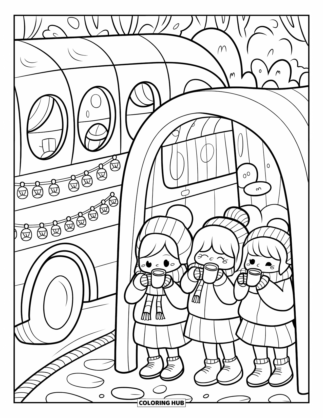 School Bus Coloring Page for Adults: Warm mugs in hand, chibi kids wait by a bus with lanterns and soft shelter