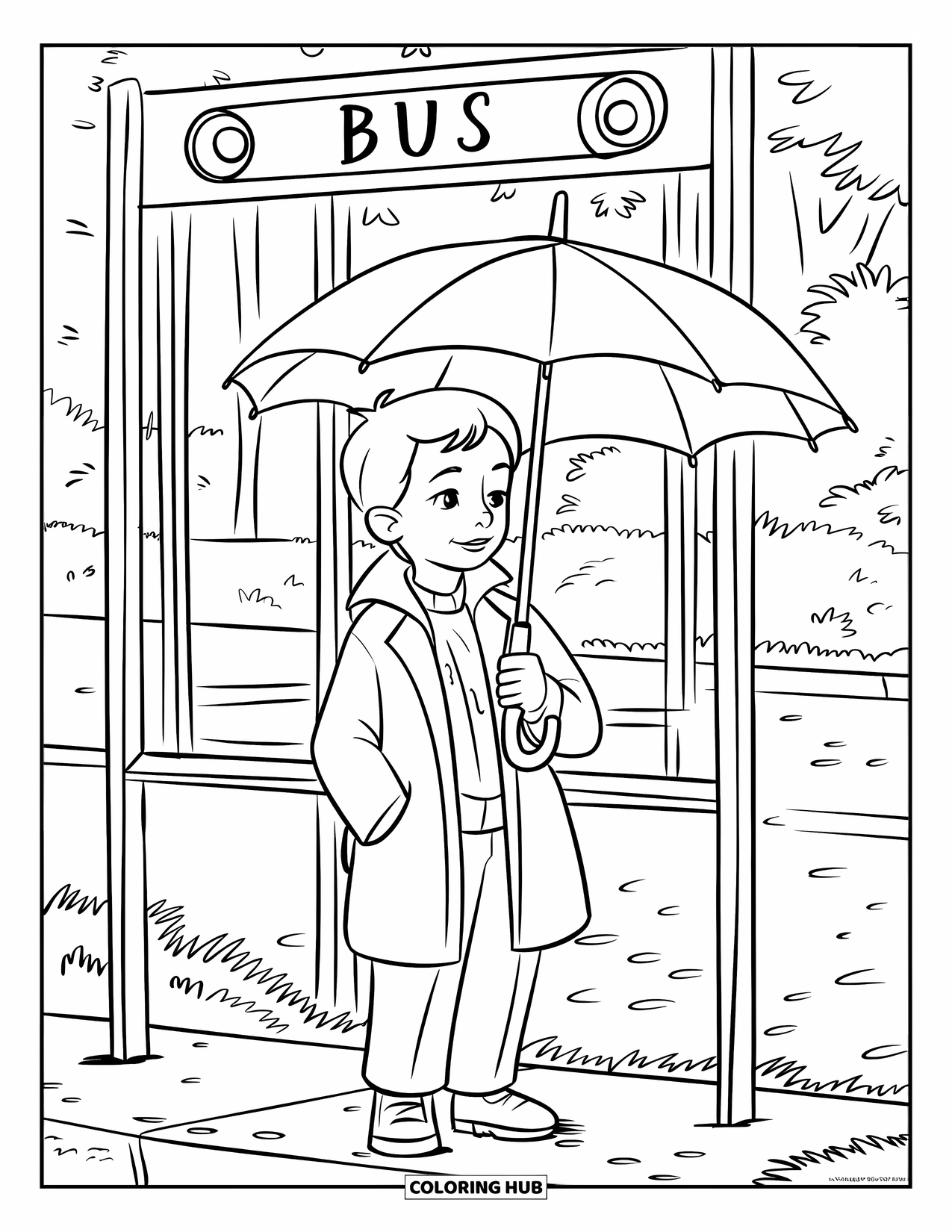 School Bus Coloring Page for Kids: A bundled child stands under a bus stop sign with an umbrella and nearby trees