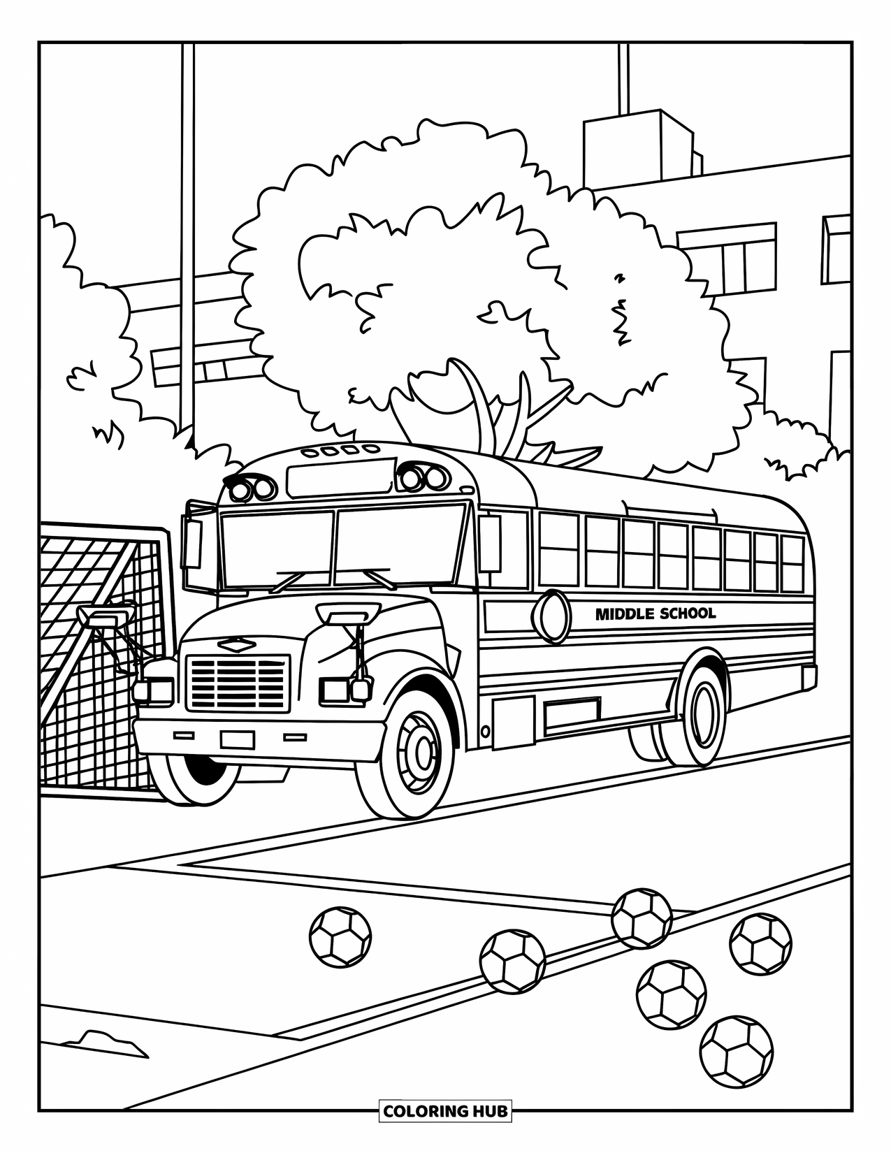 School Bus Coloring Page for Kids: A bus marked "Midvale Middle School" rests near a soccer field with trees and a building
