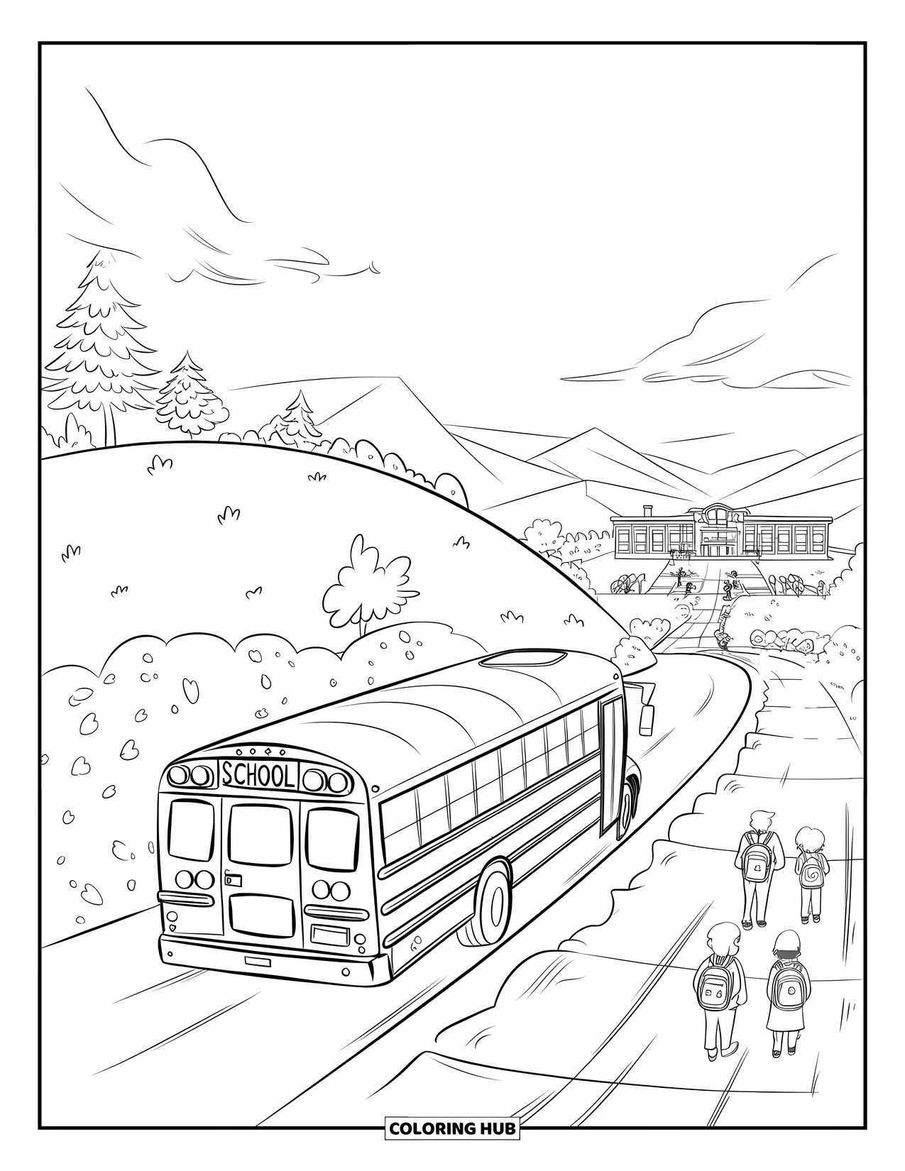 School Bus Coloring Page for Kids: A bus on a hill watches over a school while students walk with backpacks
