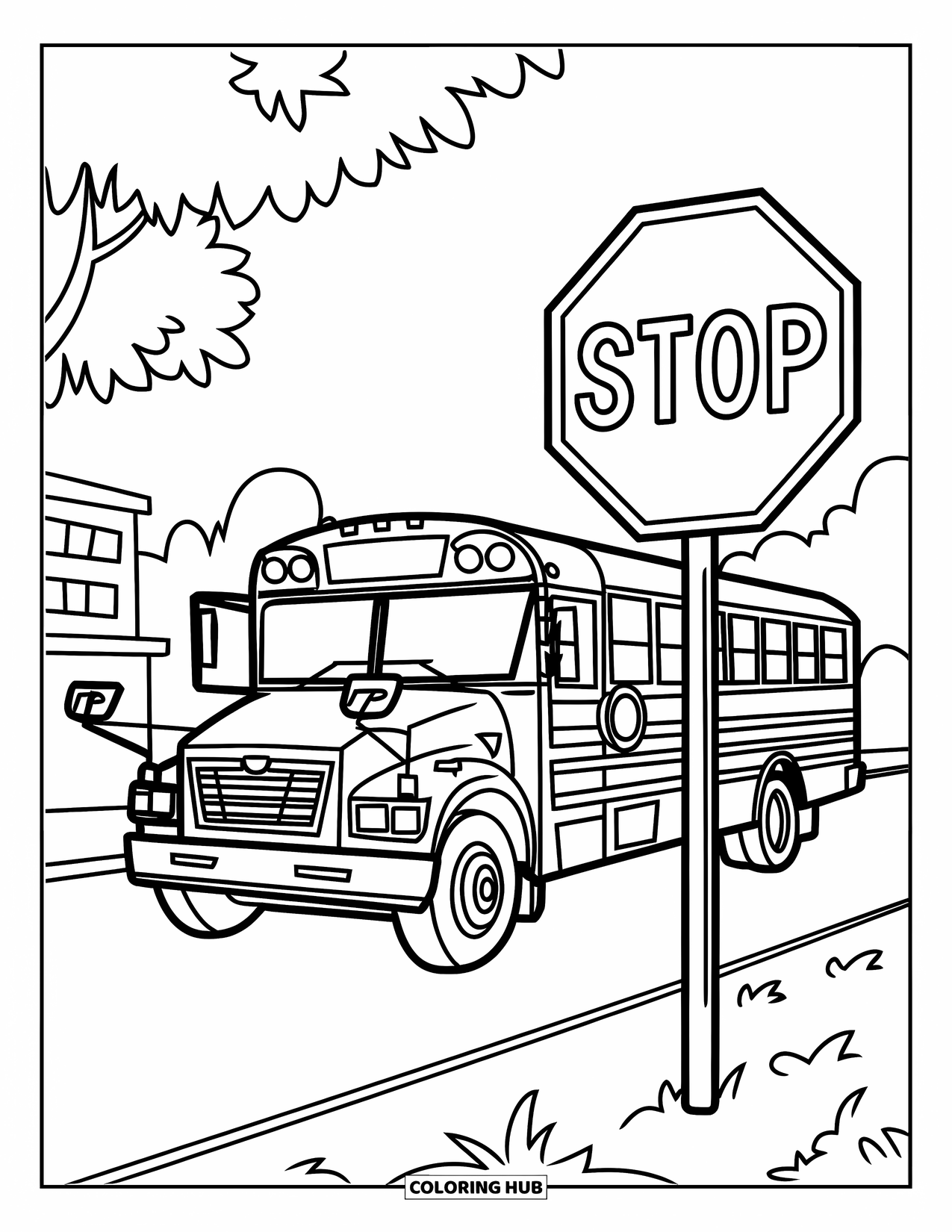 School Bus Coloring Page for Kids: A bus stops by the road with its sign out near trees and a building