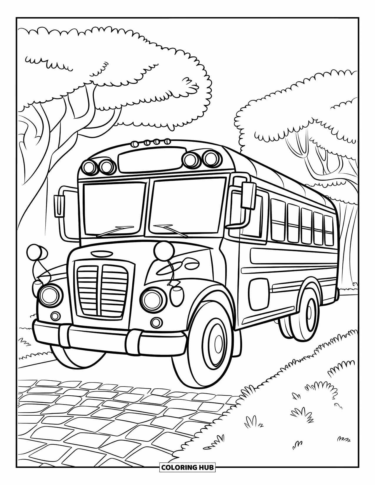 School Bus Coloring Page for Kids: A bus with round windows and big wheels sits by cobblestones and leafy trees