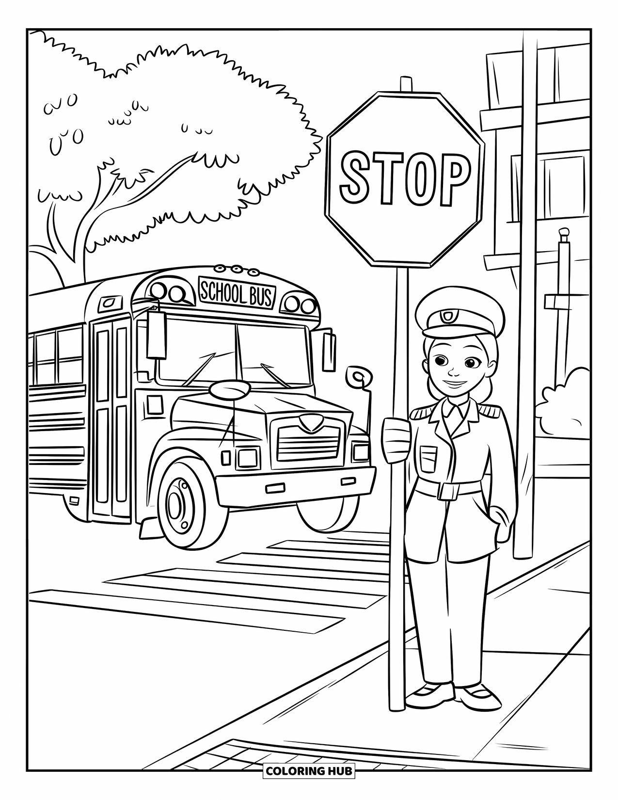 School Bus Coloring Page for Kids: A crossing guard holds a stop sign as a bus pauses near a sidewalk and trees