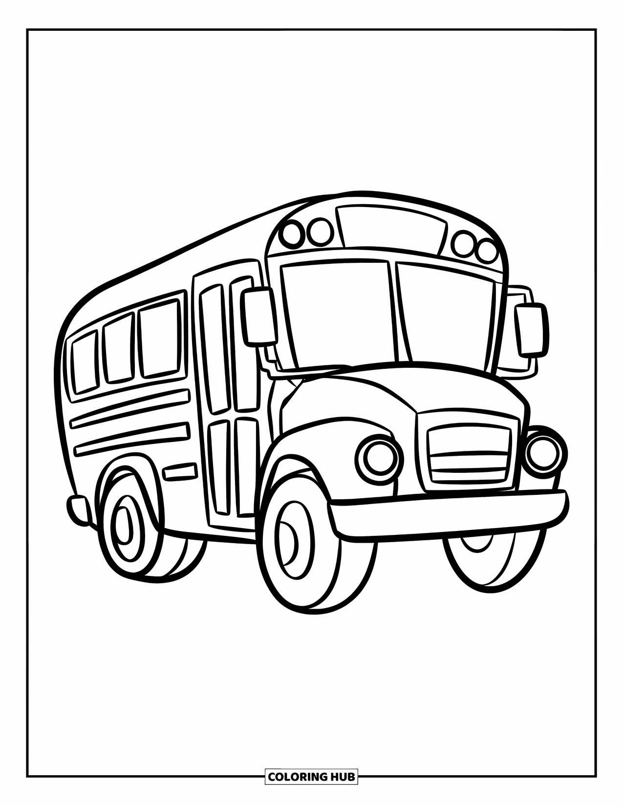 School Bus Coloring Page for Kids: A cute bus with big wheels and clear shapes gives off a fun, friendly vibe
