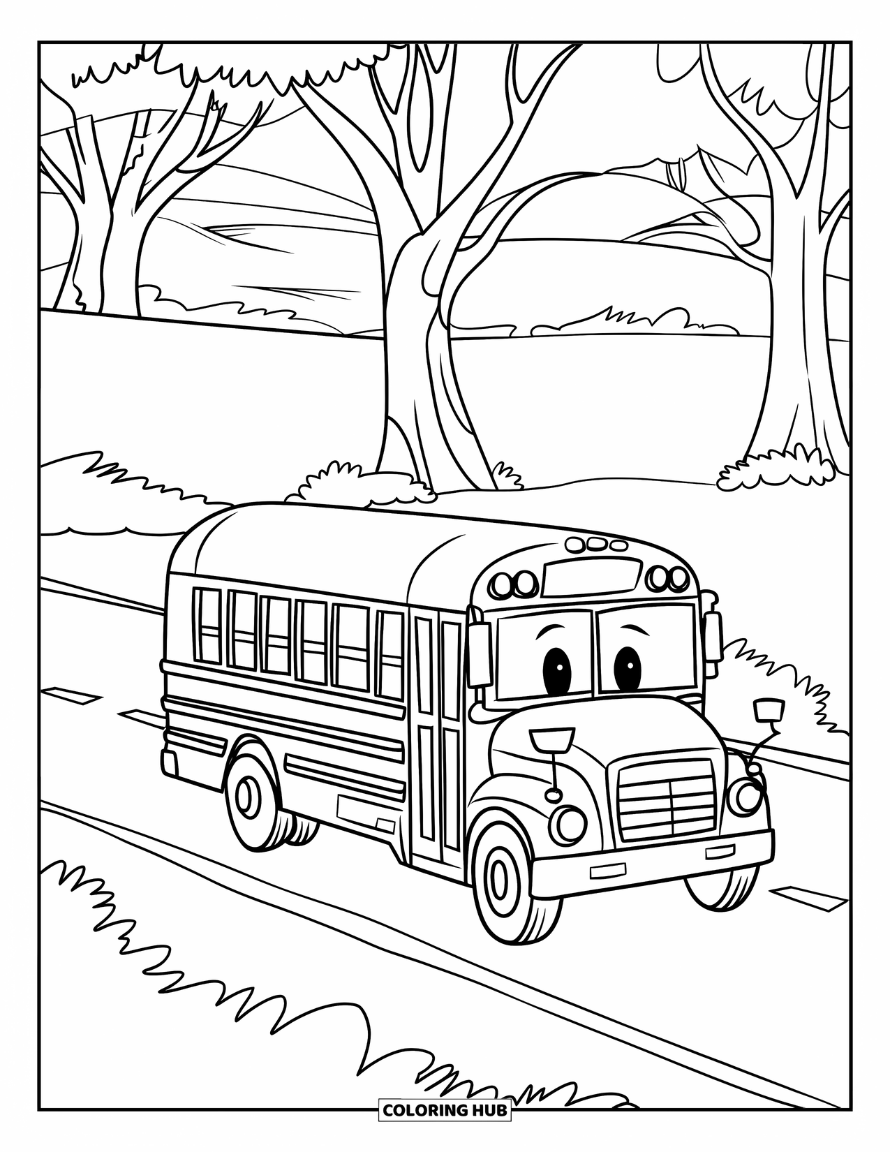 School Bus Coloring Page for Kids: A friendly bus with round windows rolls along a road beneath tall, leafy trees
