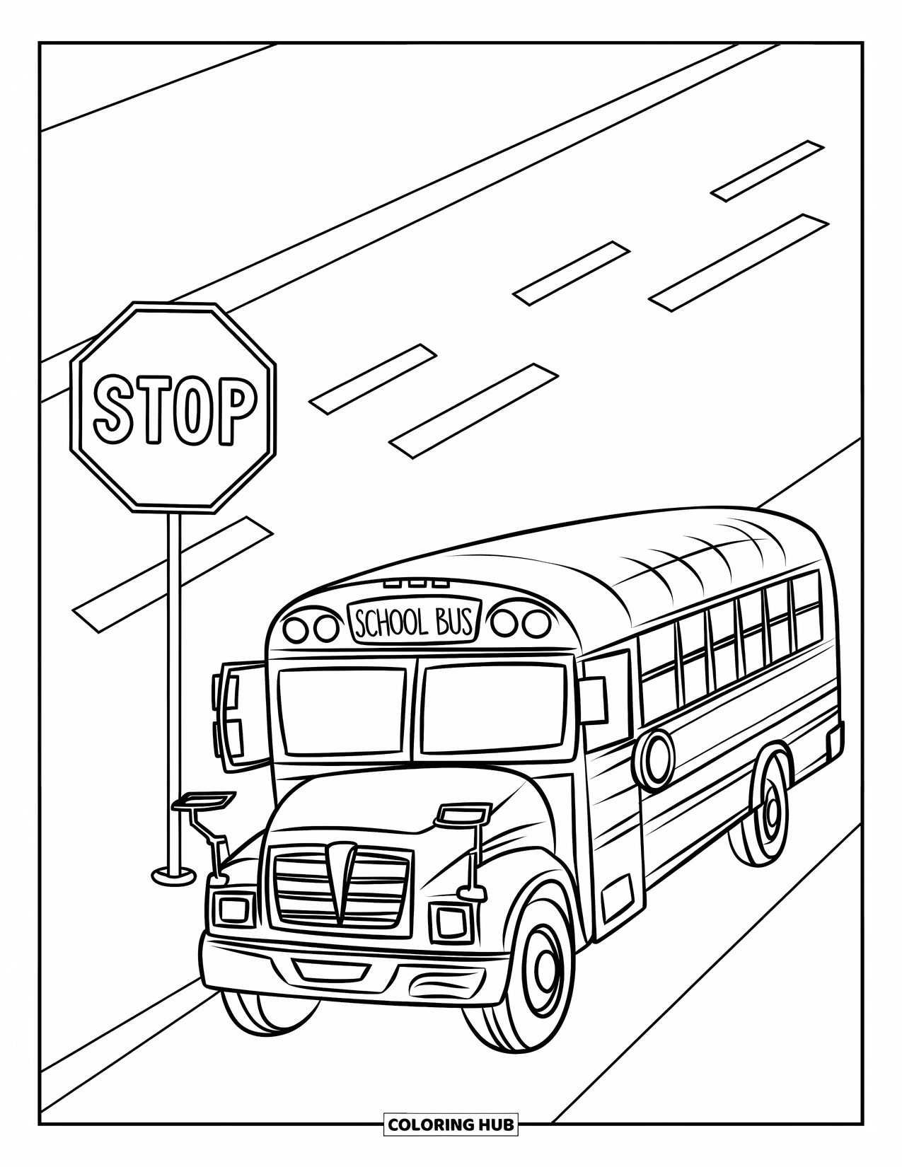 School Bus Coloring Page for Kids: A parked bus with its stop sign out rests alone on a quiet road