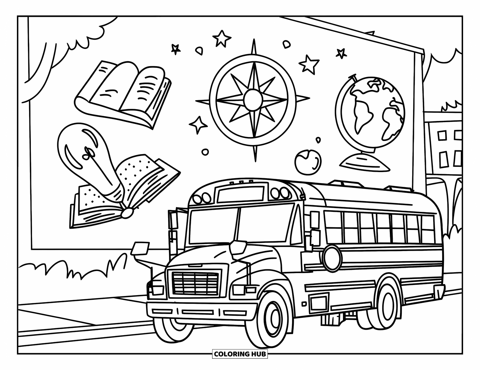 School Bus Coloring Page for Kids: A school bus drives past a mural wall filled with school-themed icons and trees behind it
