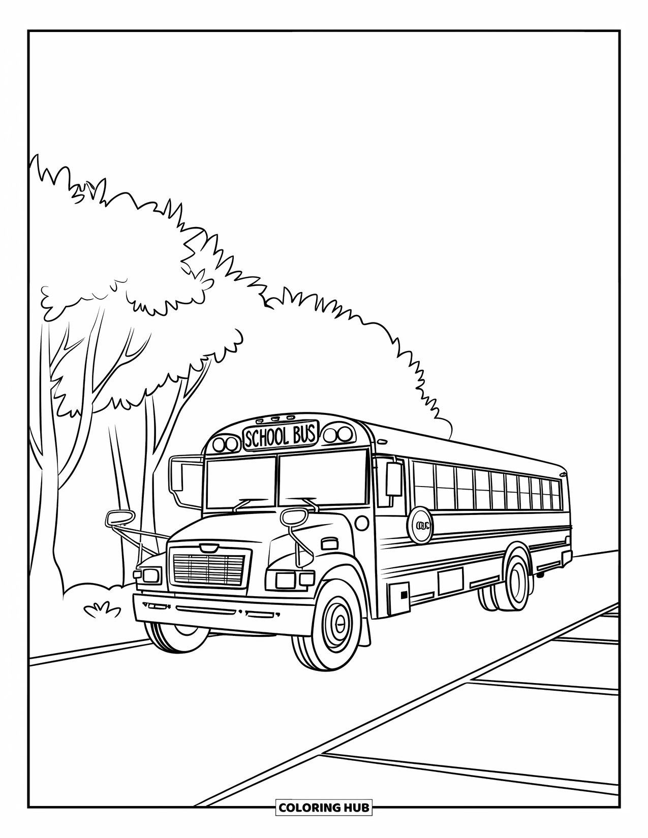 School Bus Coloring Page for Kids: A school bus parks in a lot with lined spaces and a few nearby cars and trees
