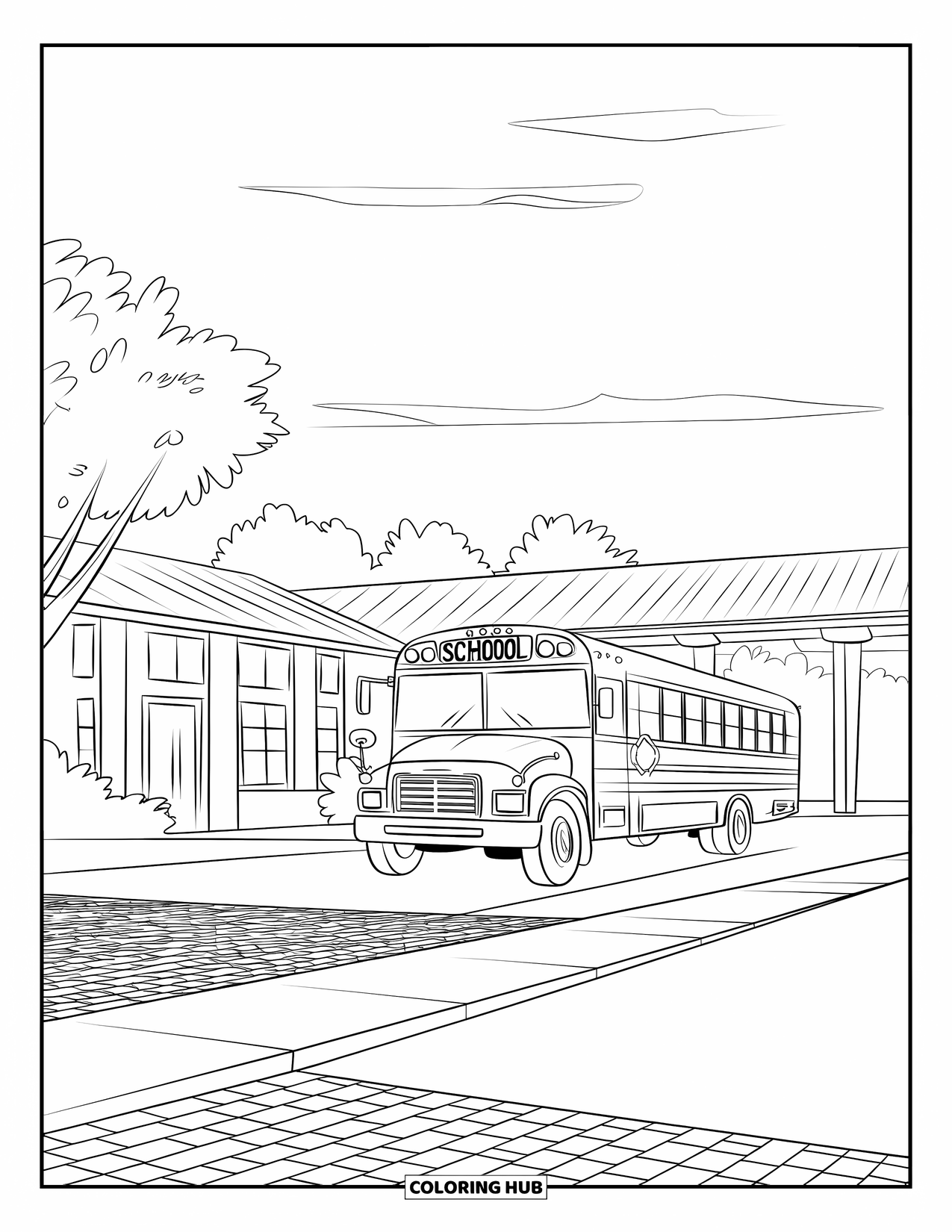School Bus Coloring Page for Kids: A school bus parks near a building with a brick path and trees all around