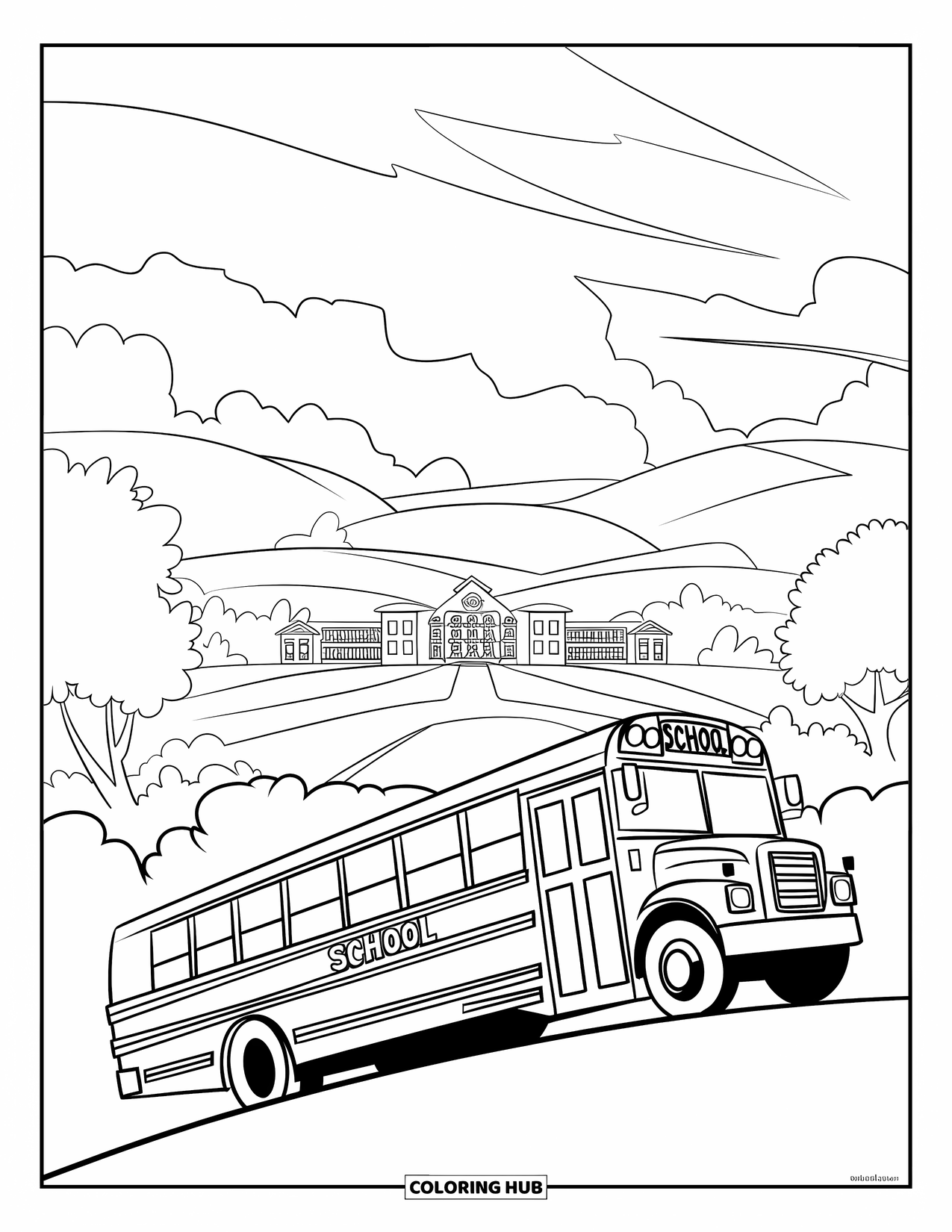 School Bus Coloring Page for Kids: A school bus rests on a hill overlooking a distant school surrounded by trees and clouds