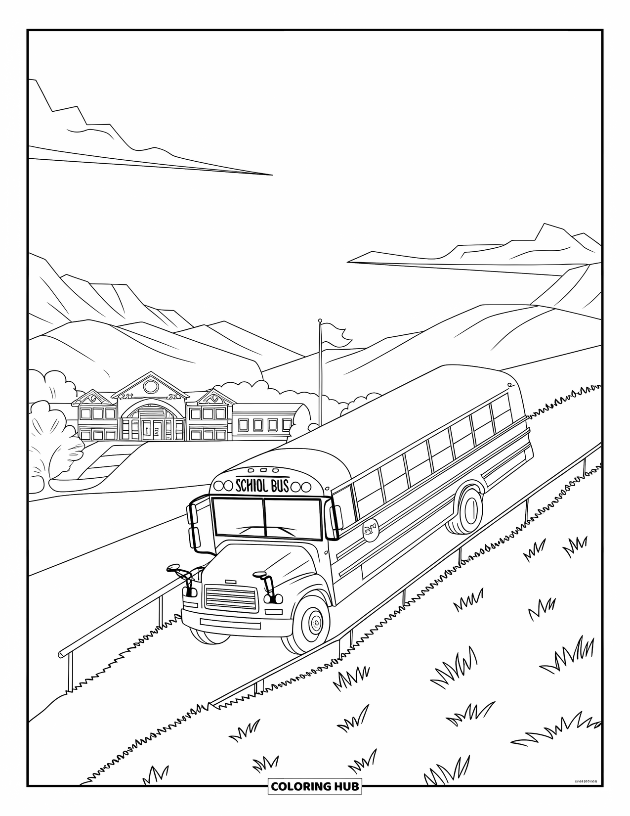 School Bus Coloring Page for Kids: A school bus sits on a grassy hill near a railing and school buildings with a flag