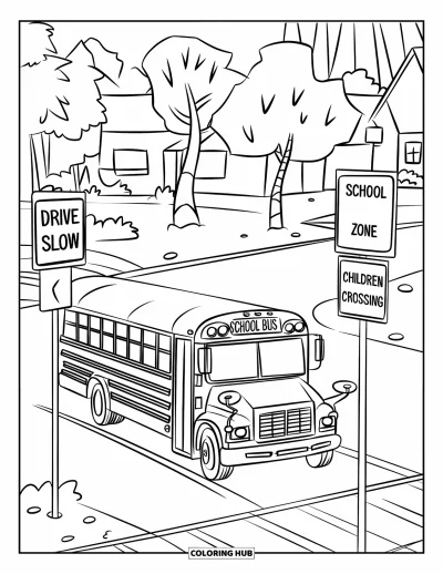 Fargeleggingsark med skolebuss for barn: En skolebuss svinger forbi skilt med "Drive Slow" og "Children Crossing"