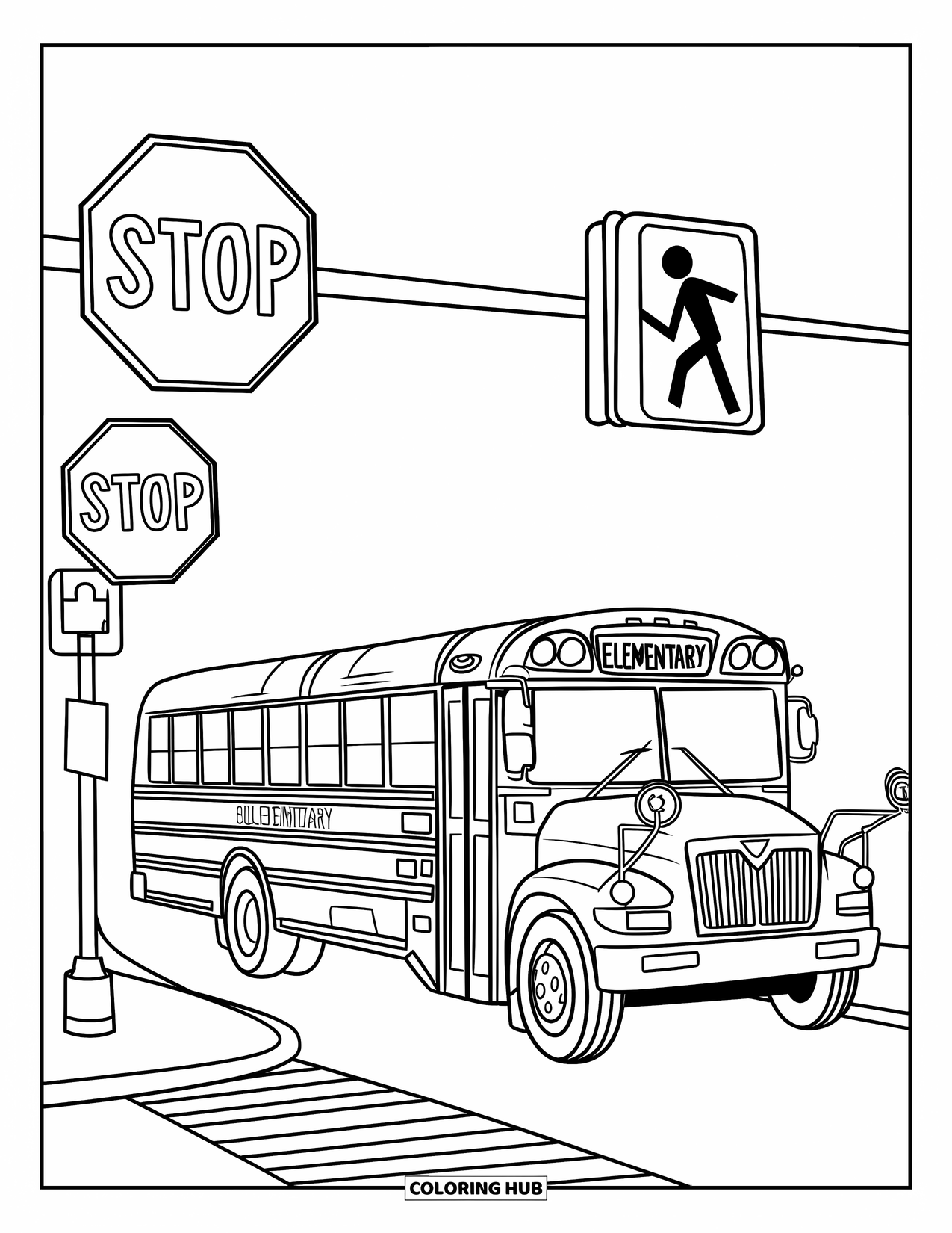 School Bus Coloring Page for Kids: A school bus with signs nearby turns at a corner on a quiet street