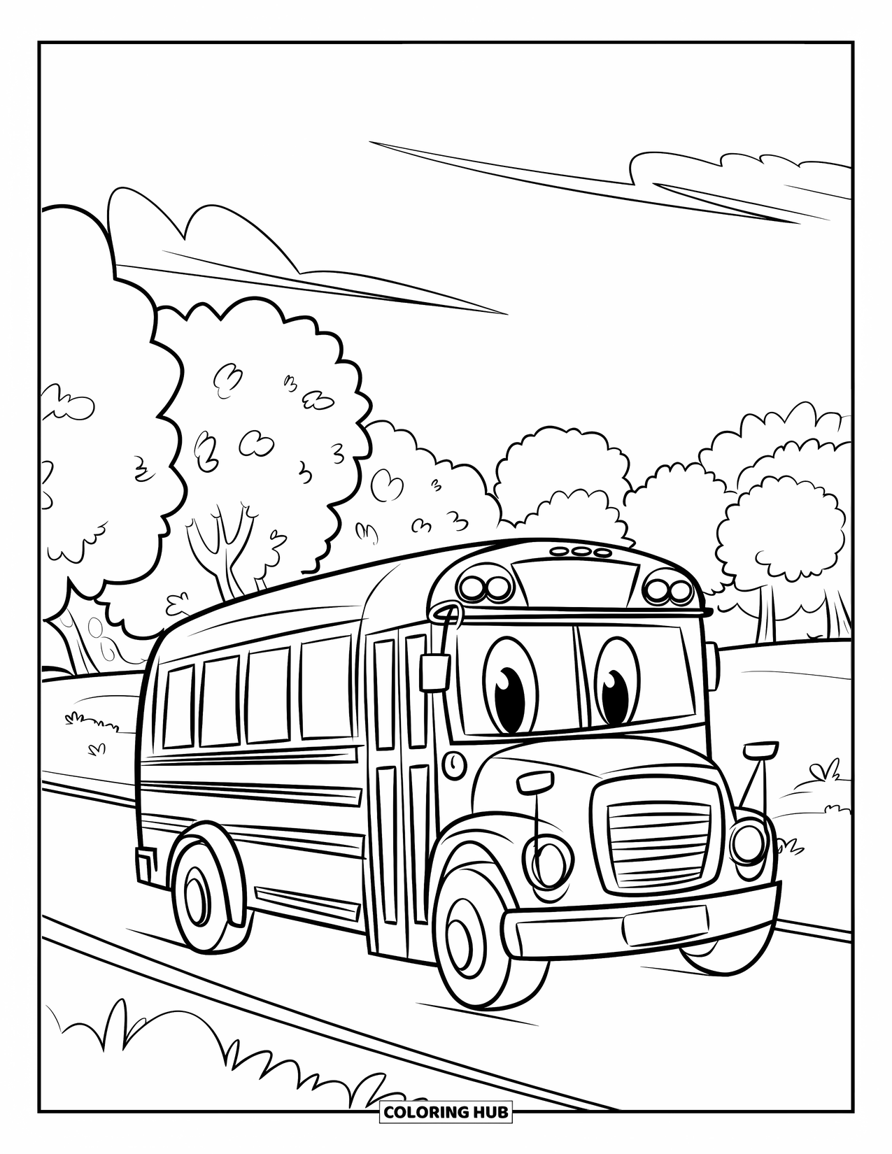 School Bus Coloring Page for Kids: A smiling bus with round windows drives down a quiet road lined with trees