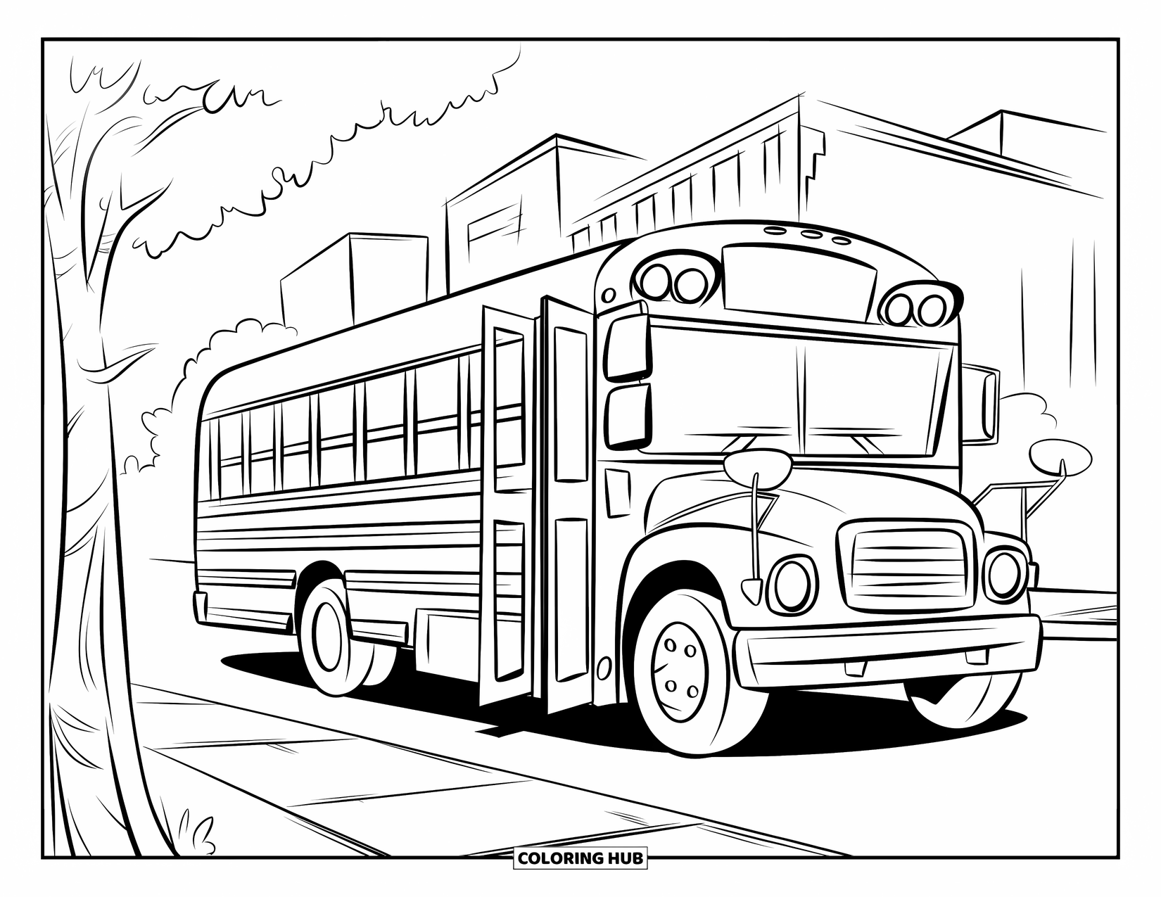 School Bus Coloring Page for Kids: An open-door bus rests by trees and buildings along a quiet sidewalk