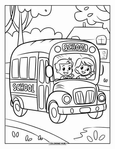 Fargeleggingsark med skolebuss for barn: To glade barn vinker fra en buss merket "School" nær trær og et bygg