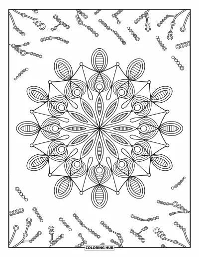 Science Coloring Page for Adults: Atoms and DNA wind together in a soft, flowing mandala pattern