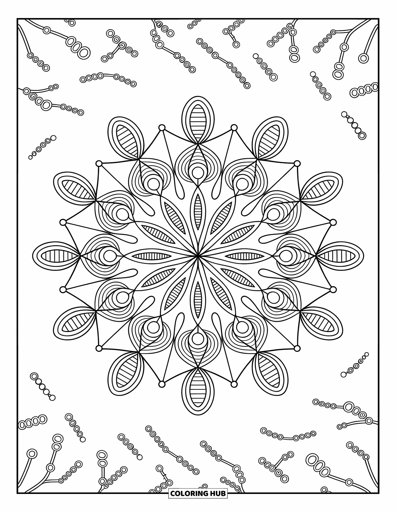 Science Coloring Page for Adults: Atoms and DNA wind together in a soft, flowing mandala pattern