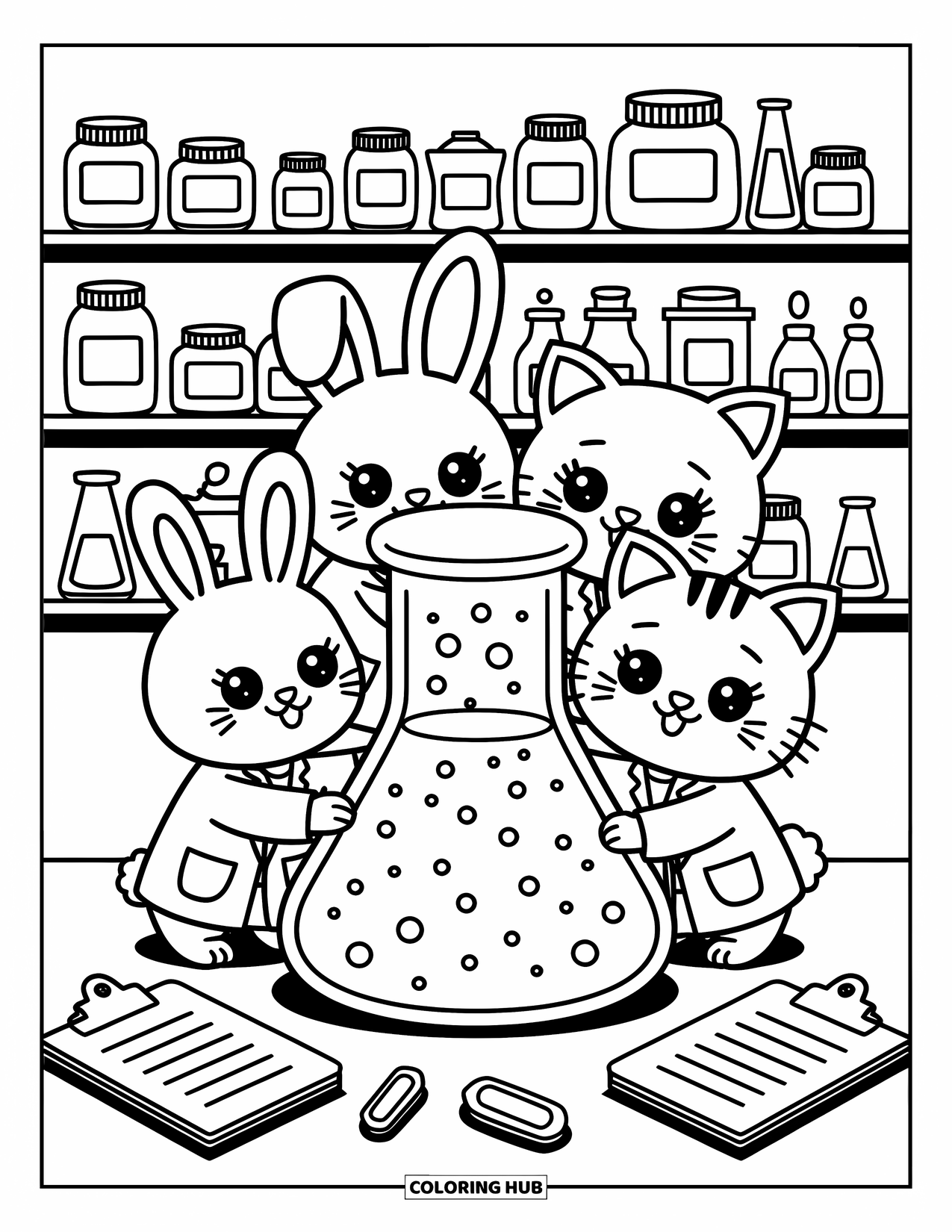 Science Coloring Page for Adults: Bunny, hamster, and kitten peek into a glowing beaker in their tiny lab coats
