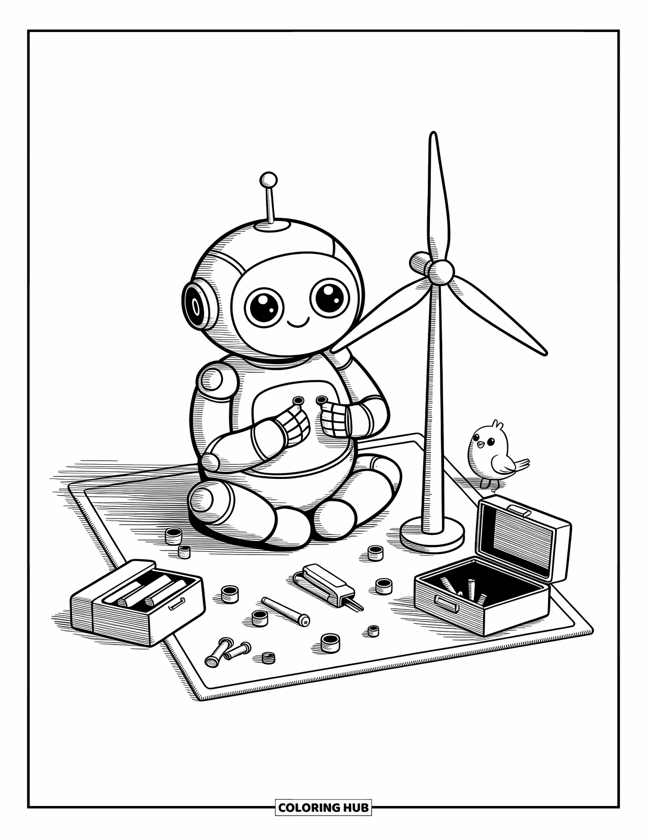 Science Coloring Page for Adults: Chubby robot sits cross-legged building a turbine while a bird peeks curiously nearby