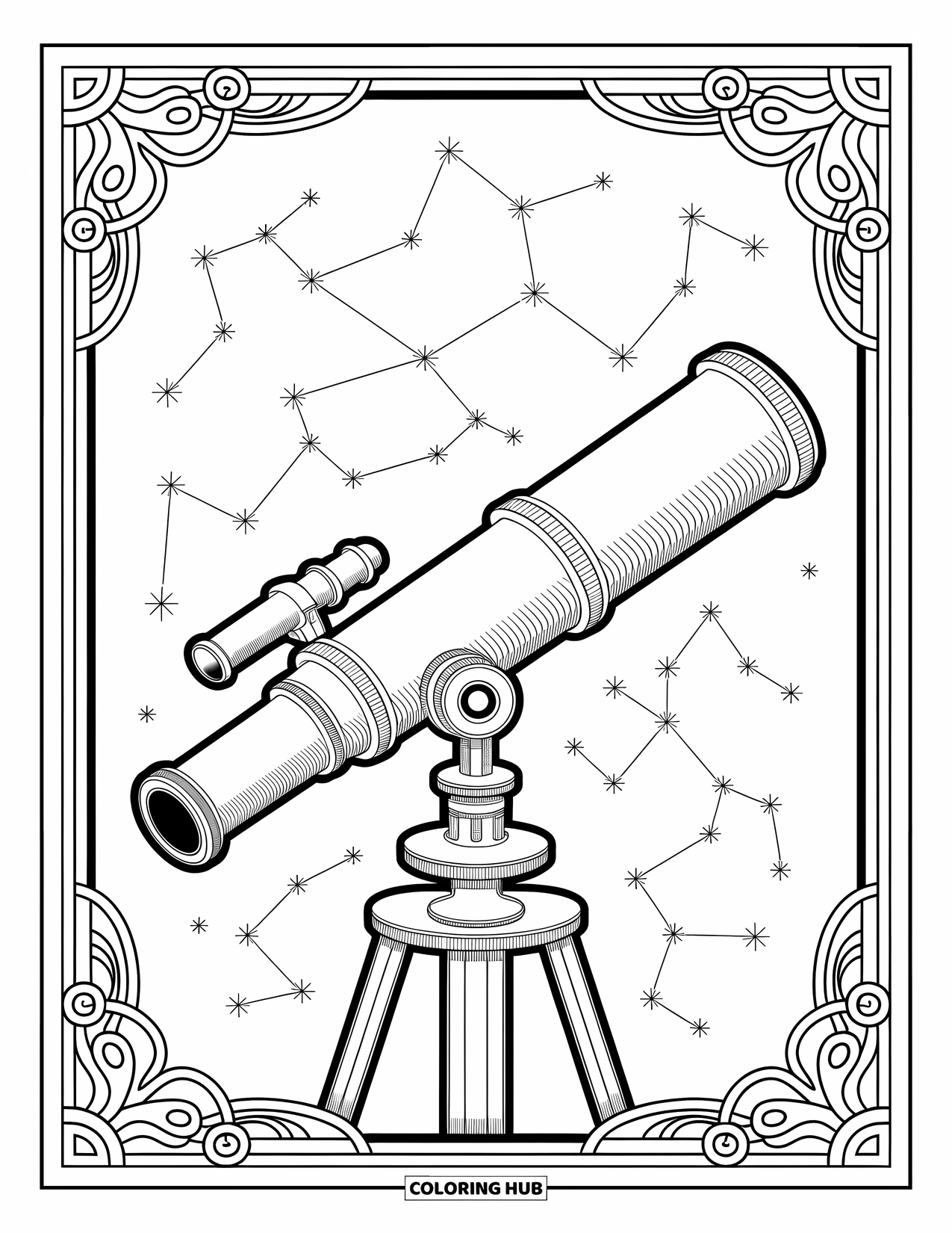 Science Coloring Page for Adults: Decorative telescope scene with starry skies and a border full of quiet beauty