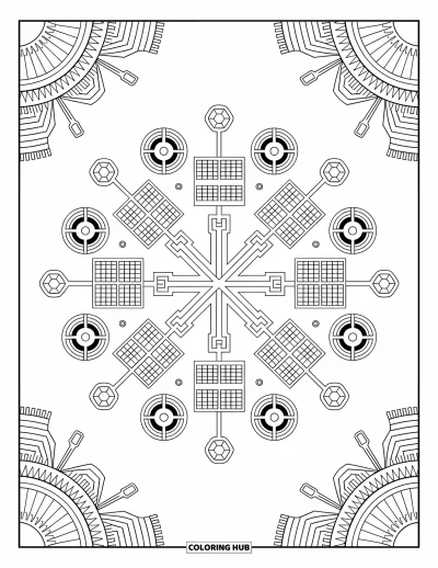 Science Coloring Page for Adults: Energy-themed mandala links panels and circuits in a balanced, calming design