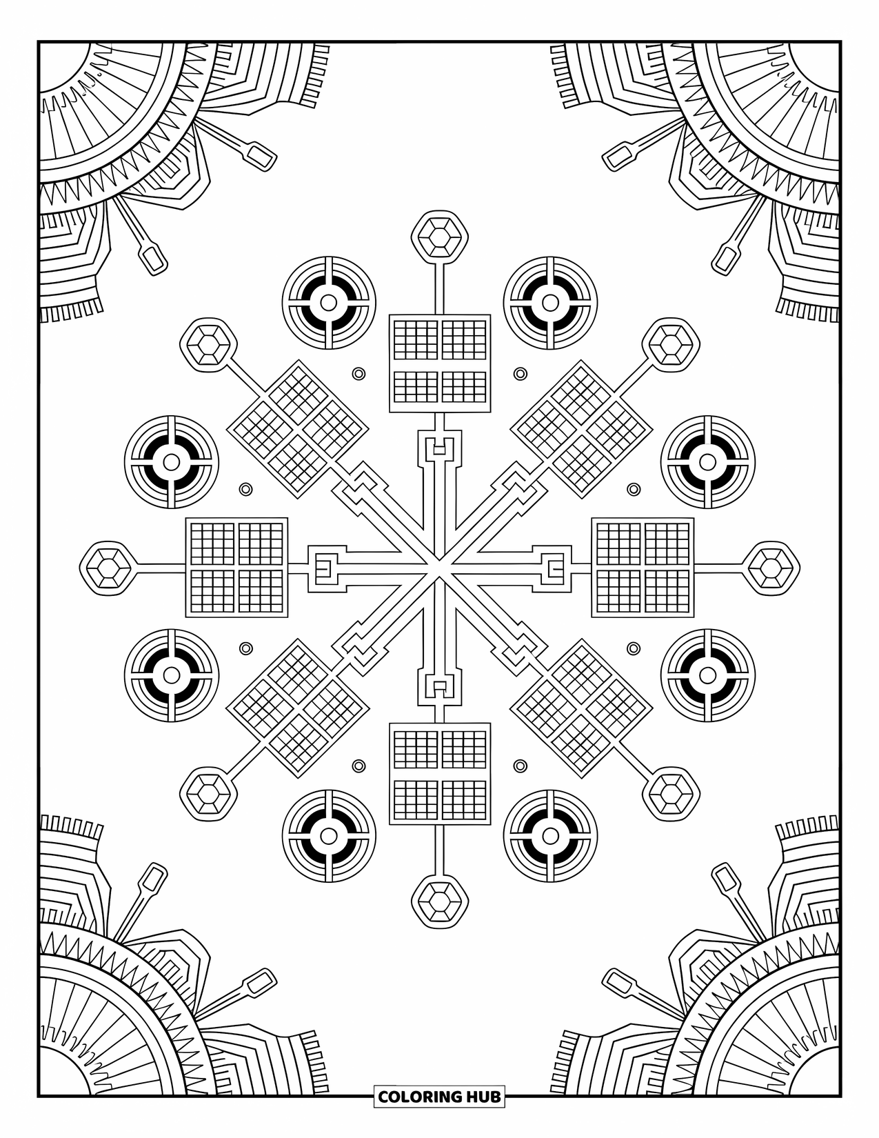Science Coloring Page for Adults: Energy-themed mandala links panels and circuits in a balanced, calming design