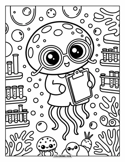 Science Coloring Page for Adults: Floating jellyfish scientist works in a playful underwater lab with adorable sea helpers