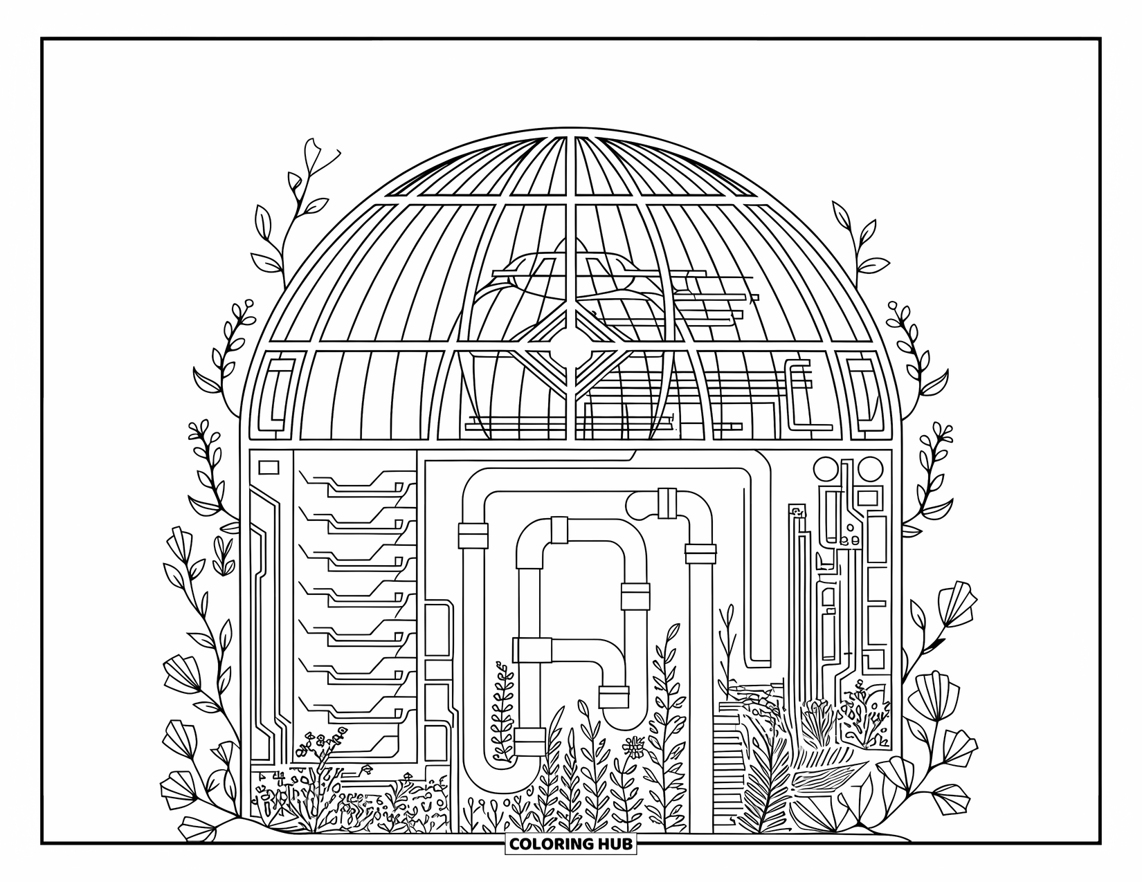 Science Coloring Page for Adults: Futuristic dome with plants, pipes, and delicate geometric and botanical motifs