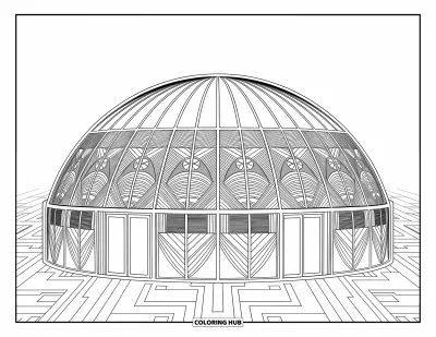 Science Coloring Page for Adults: Greenhouse dome filled with intricate systems, lush interiors, and elegant patterns