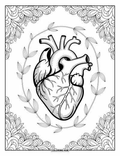 Science Coloring Page for Adults: Heart and floral vines come together in a quiet, detailed scene with soft borders