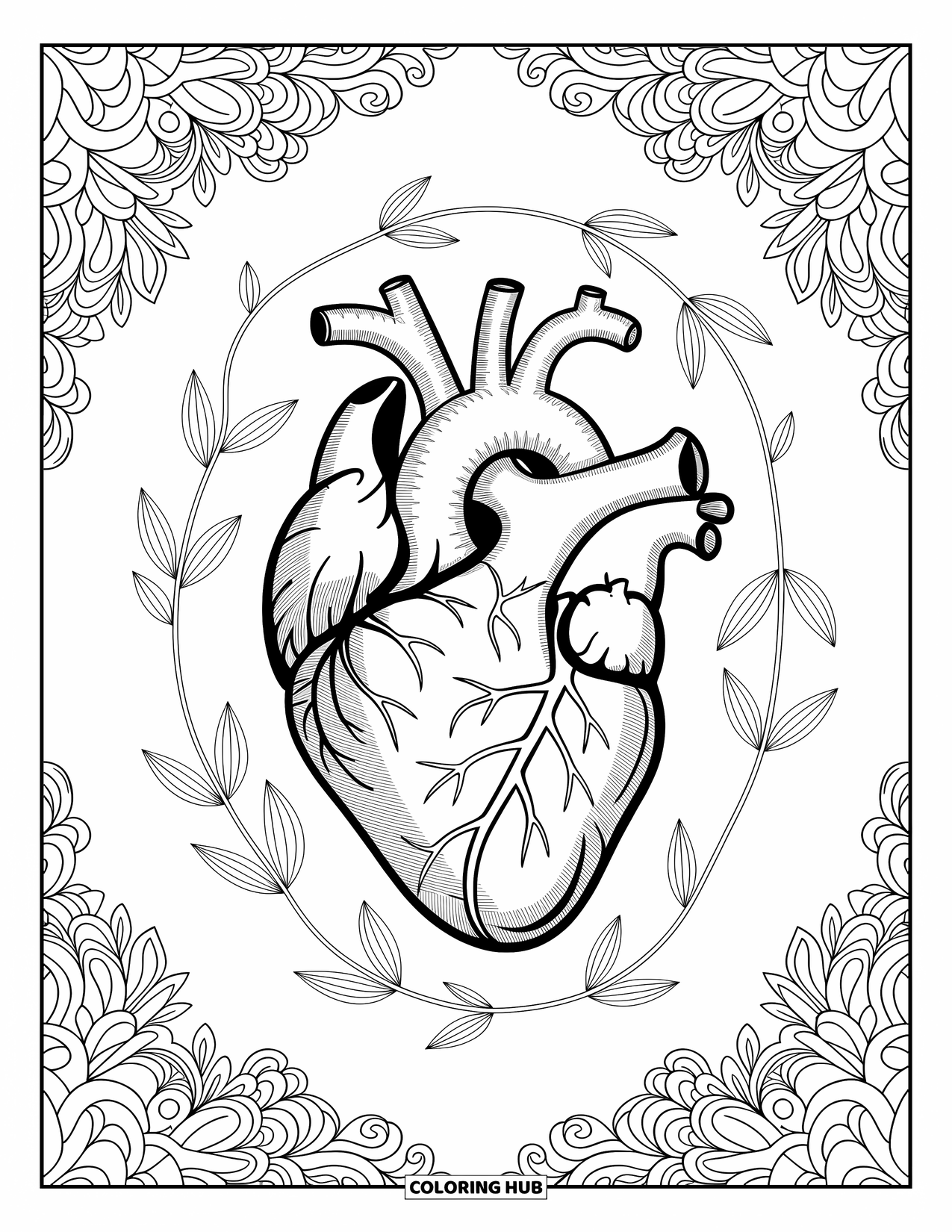 Science Coloring Page for Adults: Heart and floral vines come together in a quiet, detailed scene with soft borders