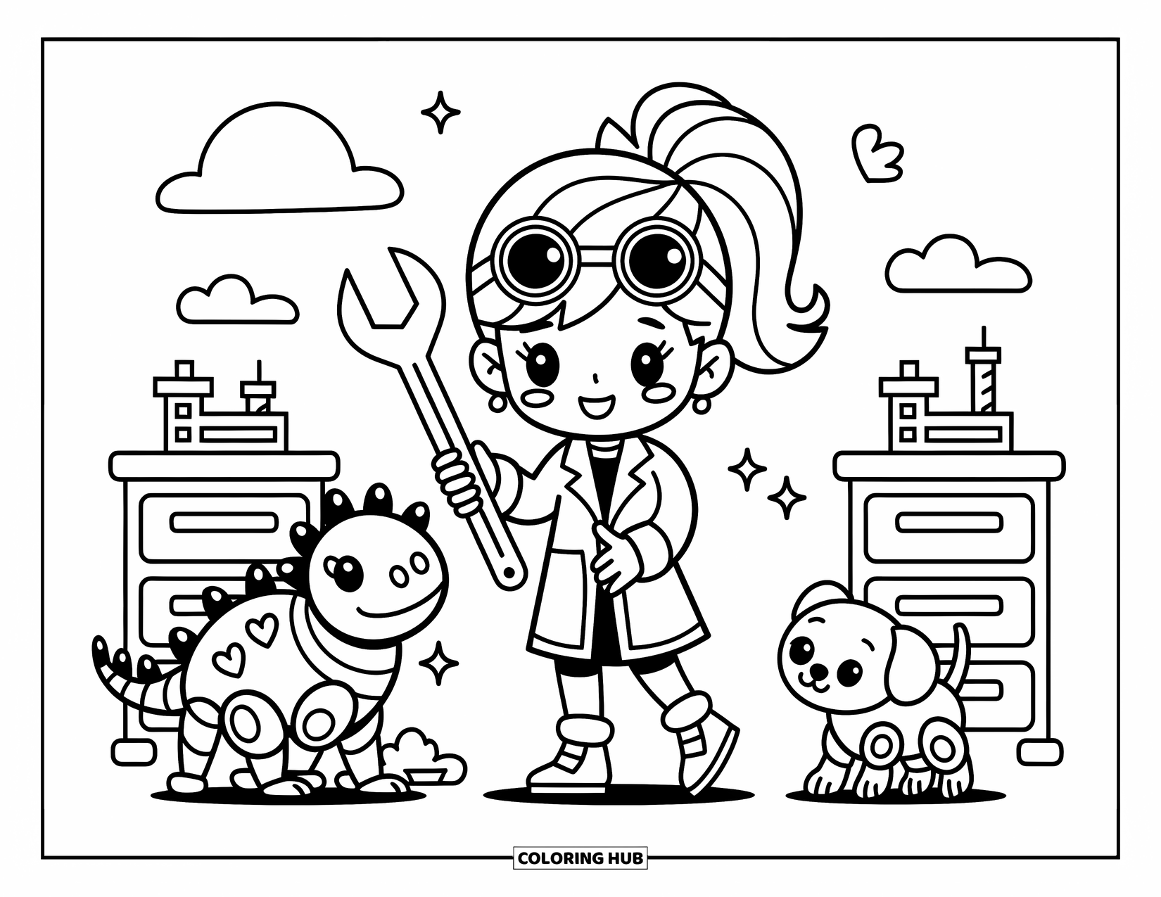 Science Coloring Page for Adults: Inventor girl in goggles works on robot dino with puppy and lab tools nearby