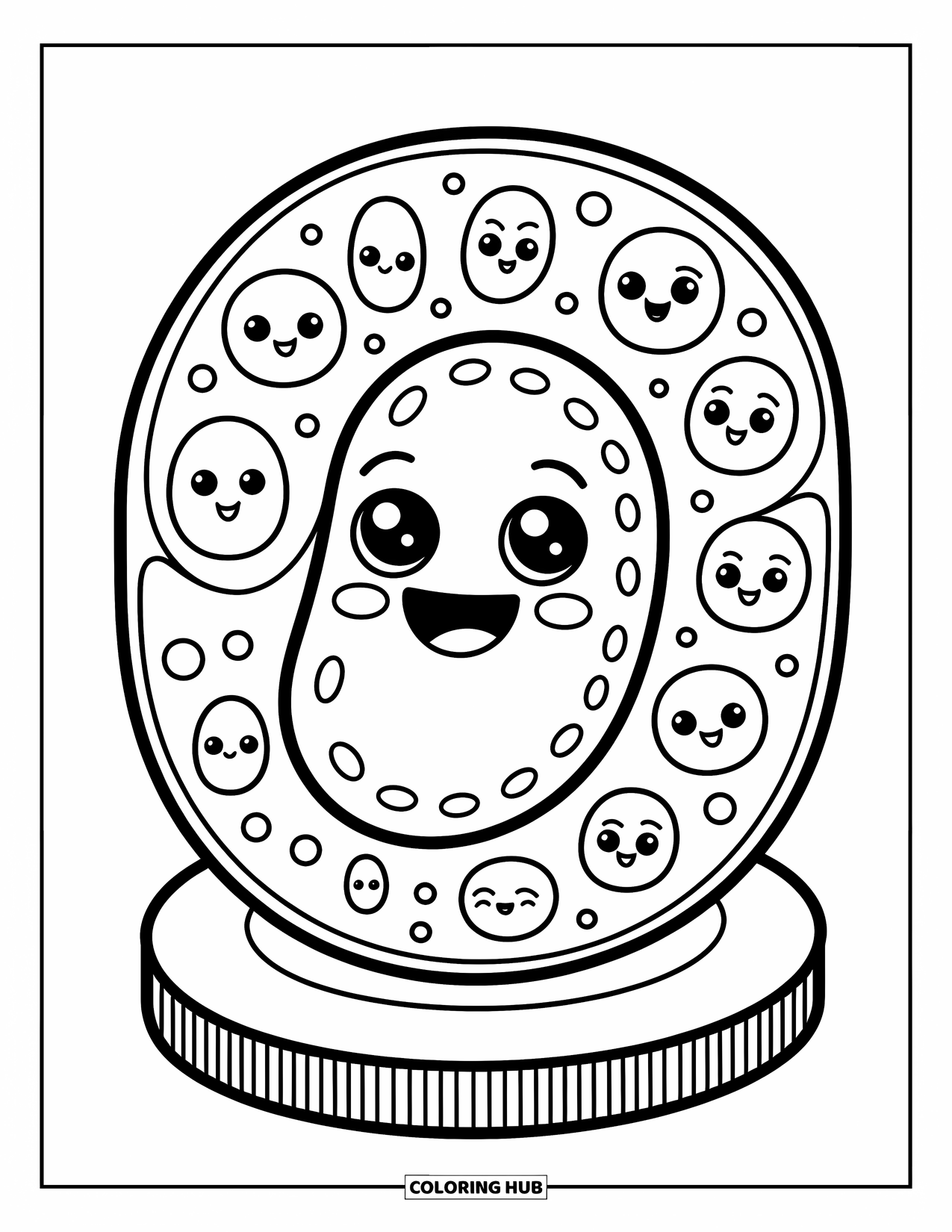 Science Coloring Page for Adults: Joyful bacterium giggles in a petri dish with tiny squishy friends under a microscope