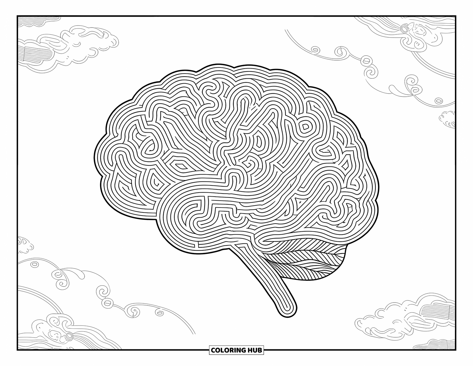 Science Coloring Page for Adults: Neural maze filled with swirling tendrils, soft clouds, and filigree patterns