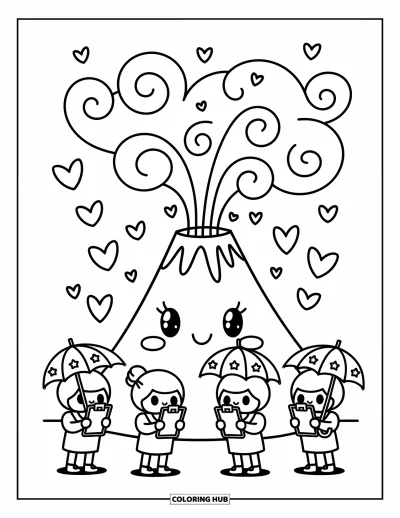 Science Coloring Page for Adults: Shy volcano erupts heart-shaped clouds as tiny scientists take notes beside it