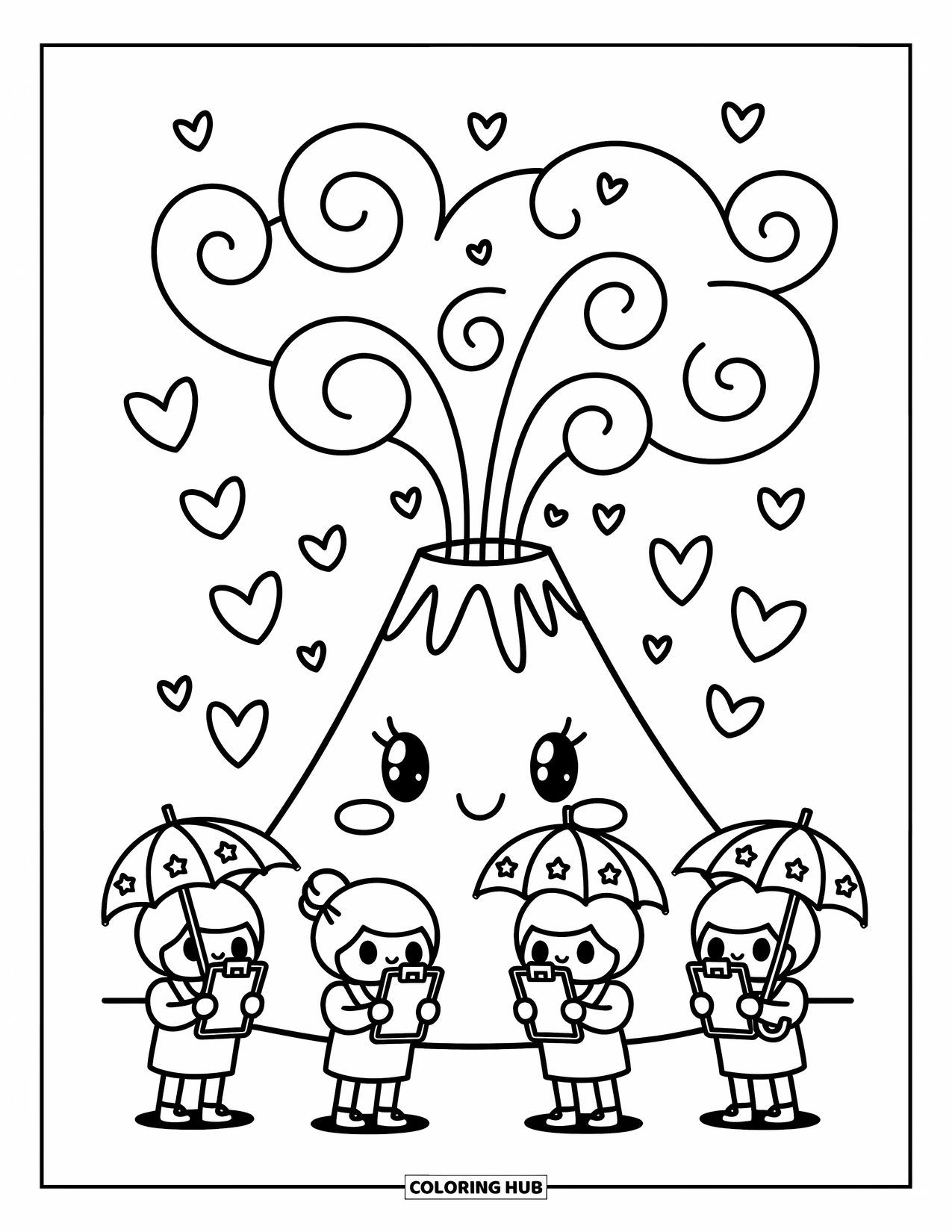 Science Coloring Page for Adults: Shy volcano erupts heart-shaped clouds as tiny scientists take notes beside it