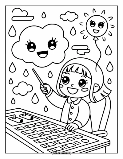 Science Coloring Page for Adults: Smiling weather chart, breezy clouds, and raindrop friends surround happy meteorologist