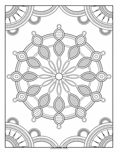 Science Coloring Page for Adults: Symmetrical mandala filled with DNA strands, molecules, and peaceful detail