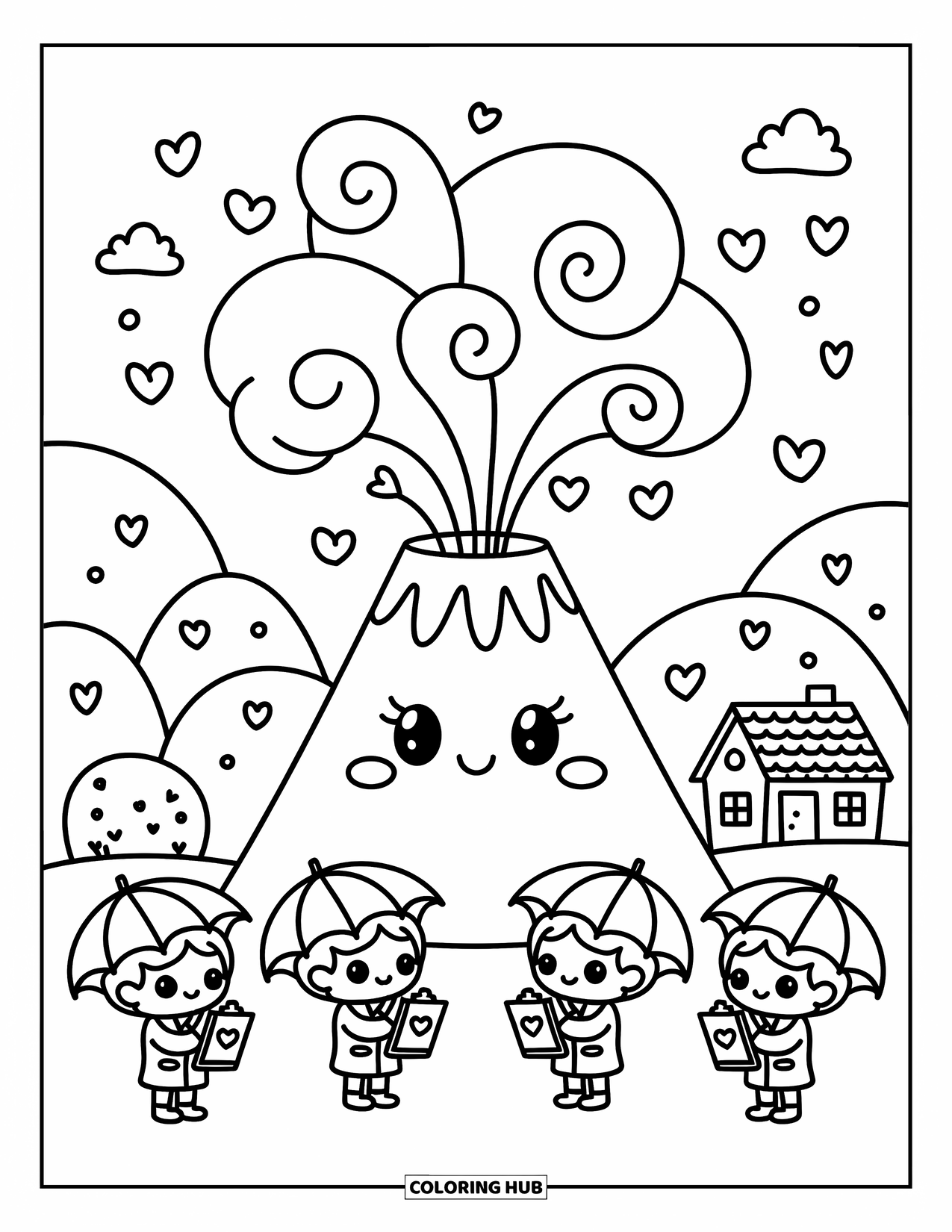 Science Coloring Page for Adults: Volcano with swirl clouds and tiny scientists holding lemon clipboards and star umbrellas