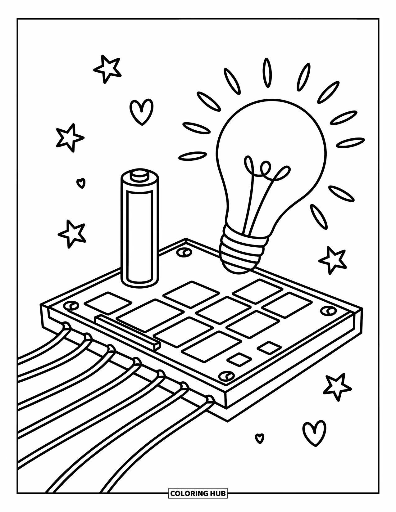 Science Coloring Page for Kids: A battery, bulb, and wires fill the circuit board with fun and energy