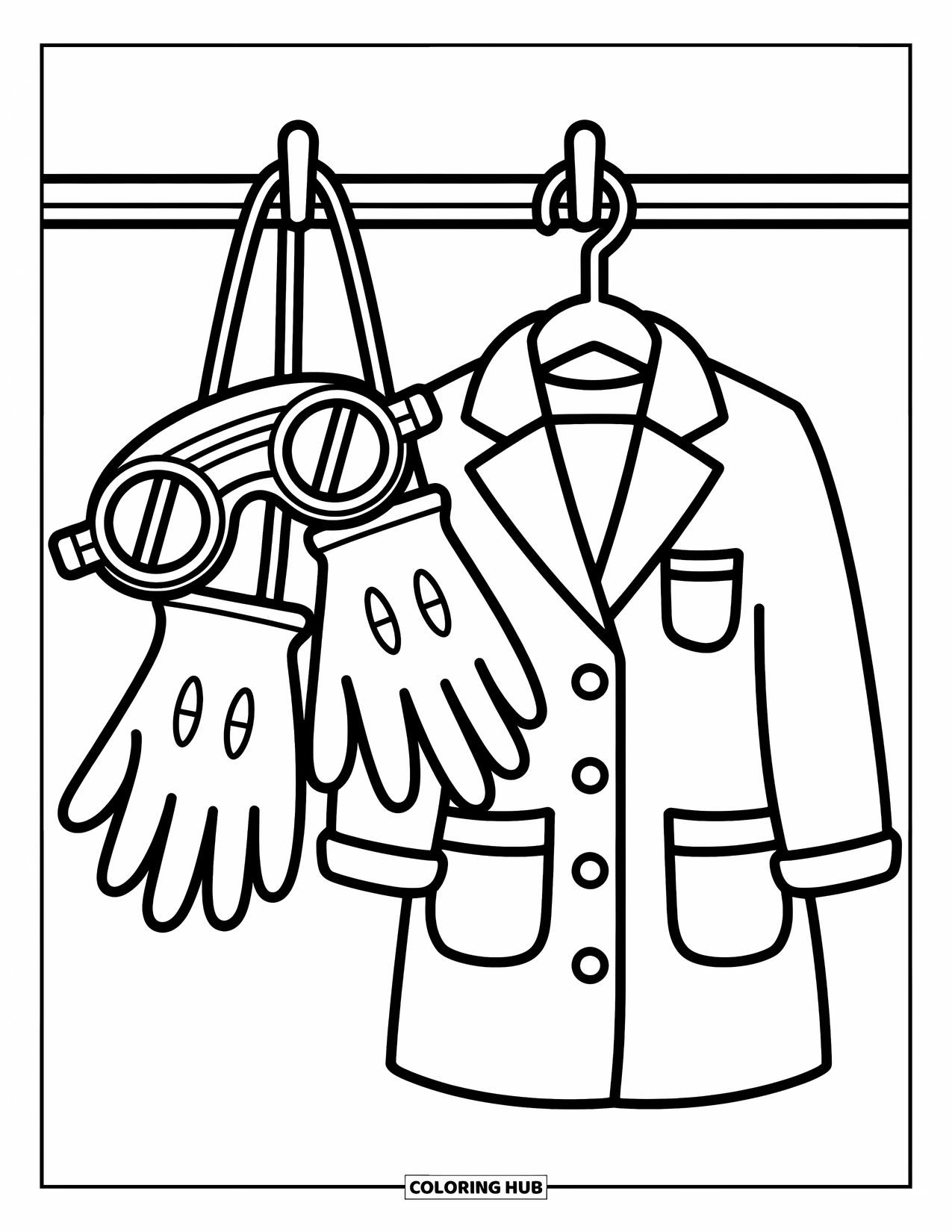 Science Coloring Page for Kids: A cozy lab hook holds gloves, goggles, and a pocketed coat with charm