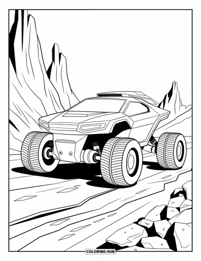 Science Coloring Page for Kids: A space rover rolls through alien ground, ready for exploration and discovery