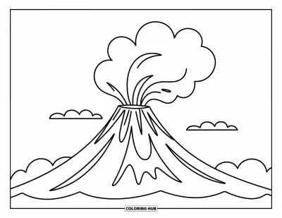 Science Coloring Page for Kids: A tall volcano puffs smoke into the sky beneath a fluffy, floating cloud
