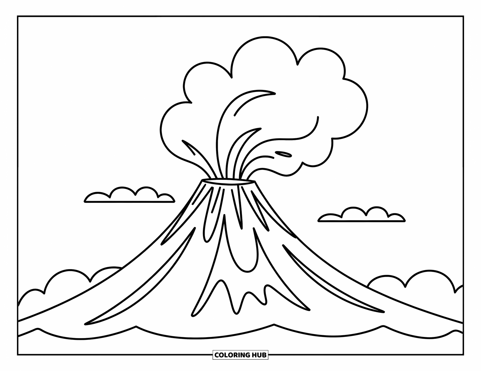 Science Coloring Page for Kids: A tall volcano puffs smoke into the sky beneath a fluffy, floating cloud