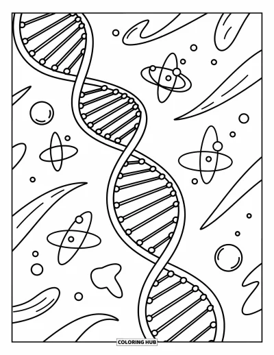 Science Coloring Page for Kids: A twisting DNA helix floats among atoms and playful science symbols