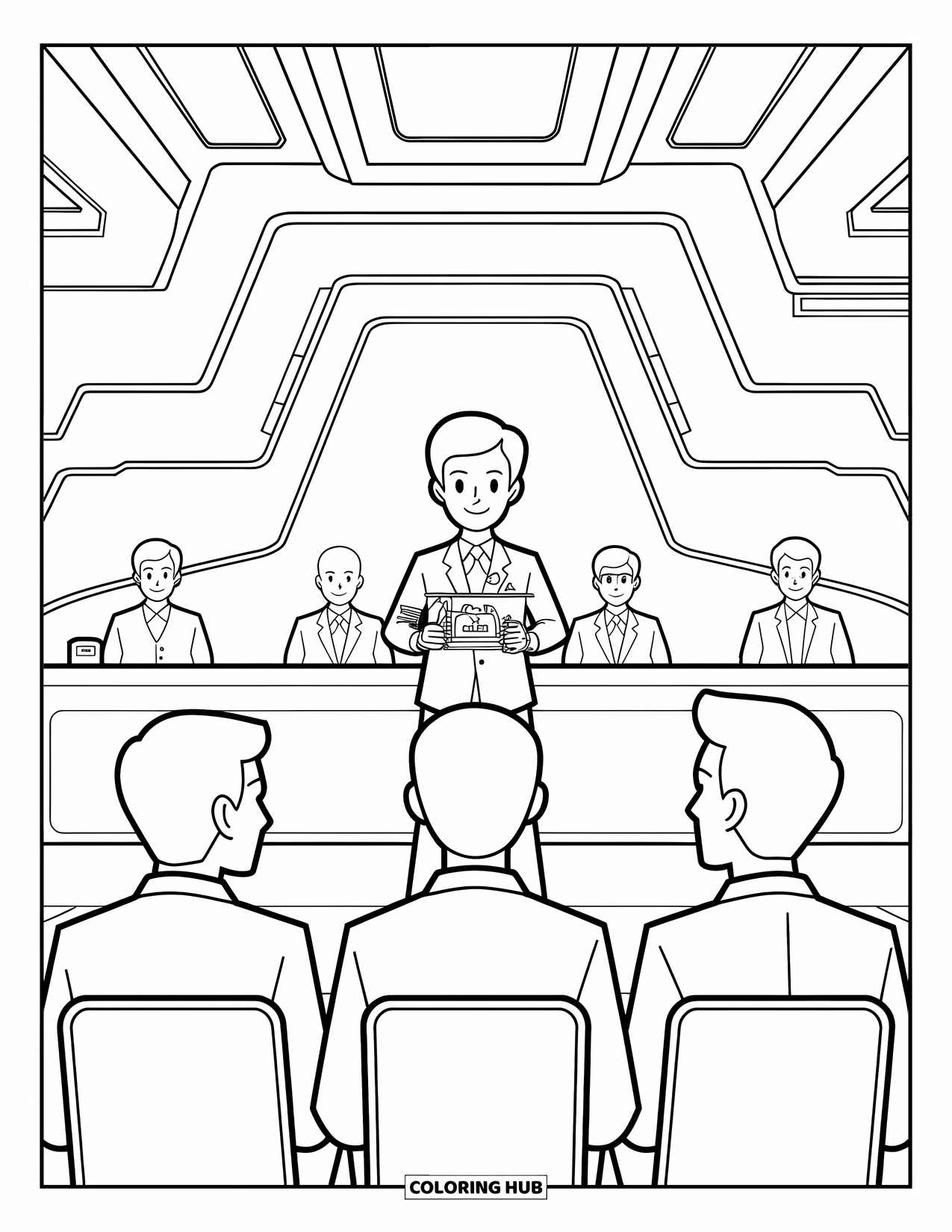 Science Coloring Page for Kids: An inventor stands proud as judges examine their clever, futuristic creation