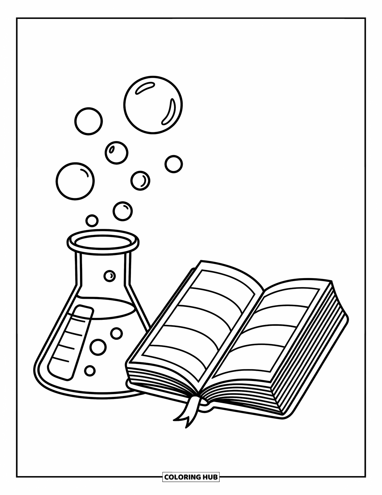 Science Coloring Page for Kids: Beaker and book sit side by side, full of wonder and happy shapes