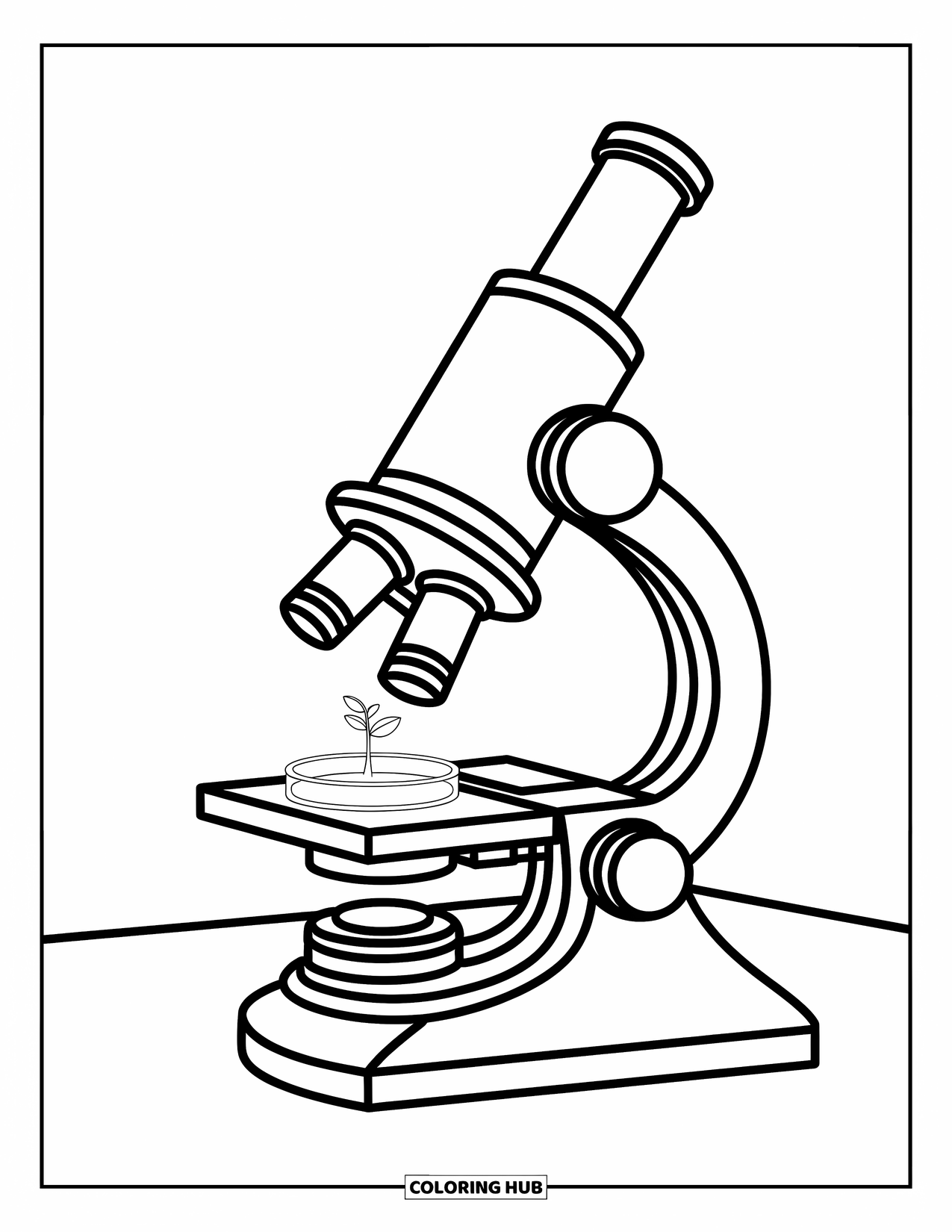 Science Coloring Page for Kids: Big microscope watches over a little plant with wiggly leaves and wonder