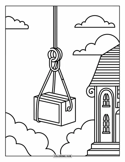 Science Coloring Page for Kids: Box rises on a pulley system with labels and a touch of imagination